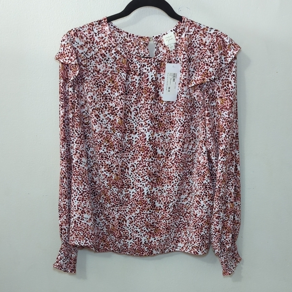 Roan + Ryan Ruffle Shoulder Blouse Animal Print White + Brown NEW Women's Size L